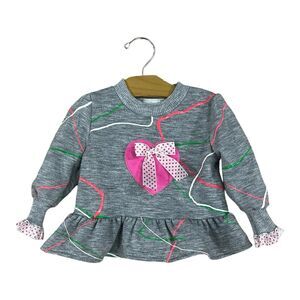 Vintage Baby Girl 18 Months Gray Sweatshirt Heart Puffy Paint Ribbons Ruffles